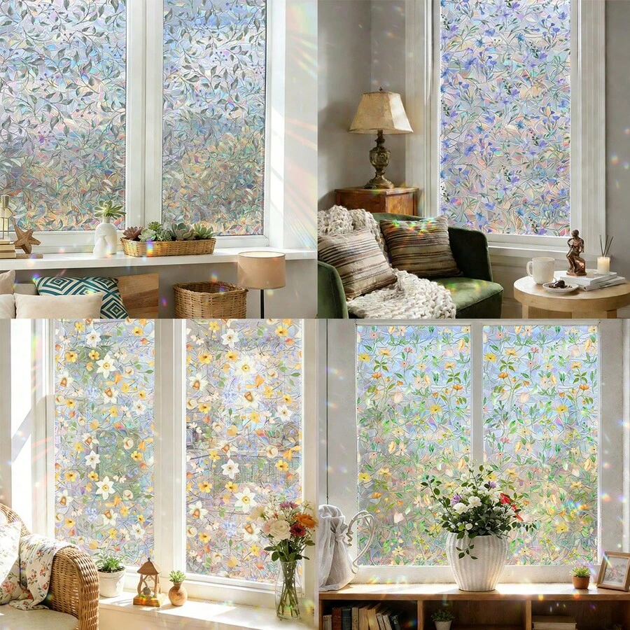 1/6片装水仙花图案彩色玻璃贴纸，静电吸附，呈现彩虹效果，隐私保护贴纸，适用于家居、厨房、卧室、浴室装饰，春日田园风格艺术