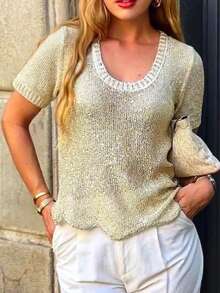 SEREN 夏季新款深V领针织上衣，休闲宽松，适合度假、海边穿着，轻薄短袖，杏色，波浪下摆，女式上衣，夏季上衣，夏季针织上衣，夏季休闲装，夏季度假穿搭，波西米亚风 - 杏色 - 查看 6