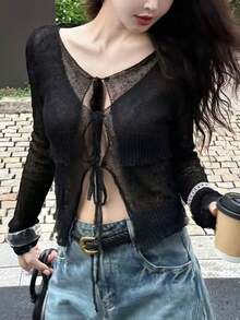 Sexy Sheer Cutout Tie-Front Long Sleeve Knit Cardigan, Suitable For Spring/Summer, Chinese New Year, Valentine's Day, Dates, Vacations, Casual Wear - Black - View 5