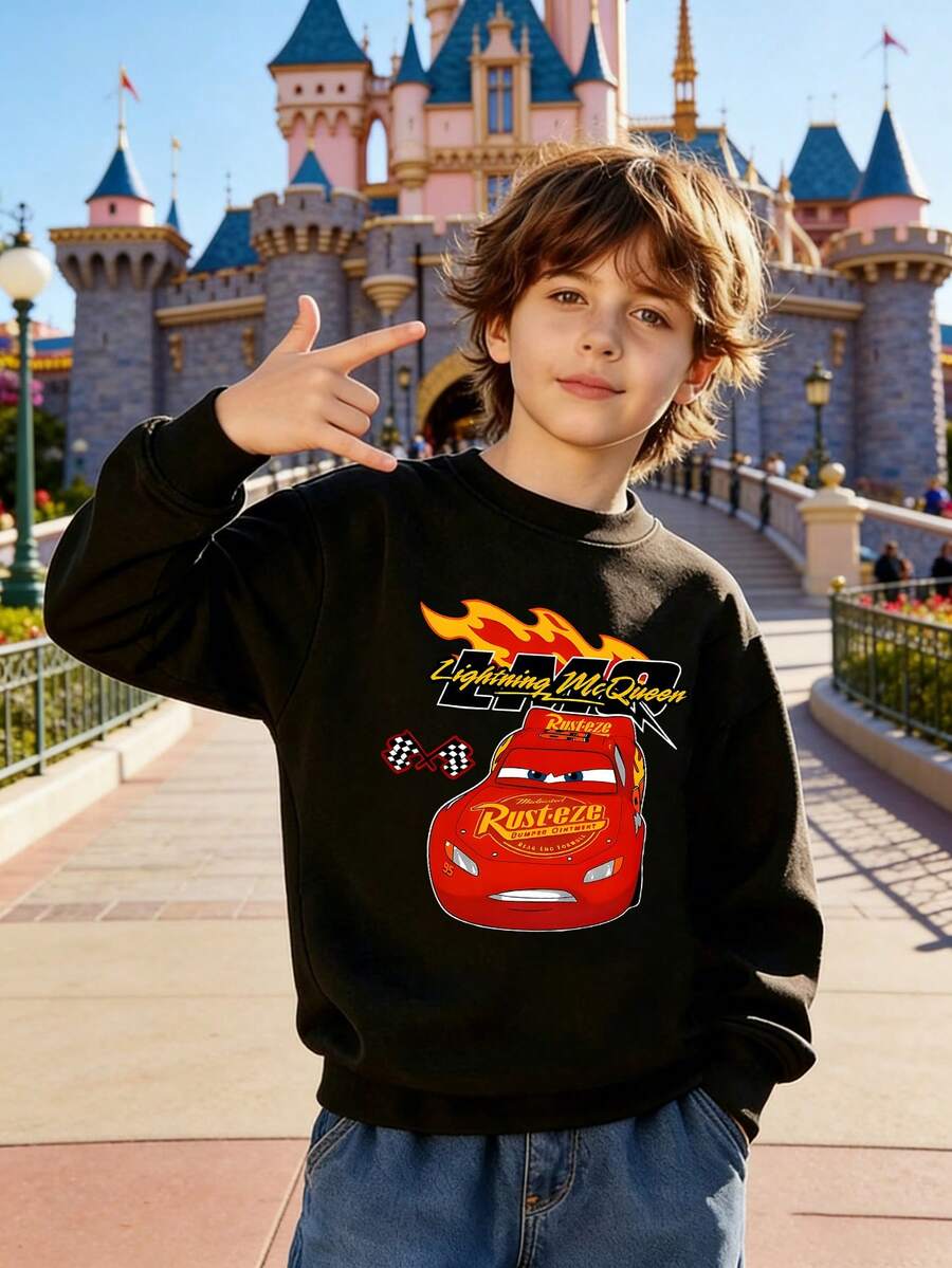 Disney Official License Lightning McQueen Flame Print Boys Casual Sweatshirt Soft And Skin-Friendly Perfect For School Playdates And Family Outings - màu đen - Xem 1