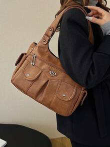 1件复古大容量手提包，复古PU单肩斜挎包，女士休闲托特包兼钱包 - 棕色 - 查看 9