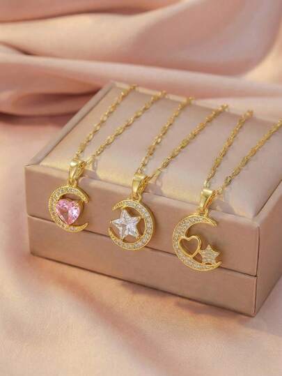 1pc Fashionable Exquisite Popular Cubic Zirconia Heart Moon Five-Pointed Star Moon Design Pendant Gold Stainless Steel Necklace Clavicle Chain For Girls For Daily Wear Jewelry Accessory For Birthday Gifts
