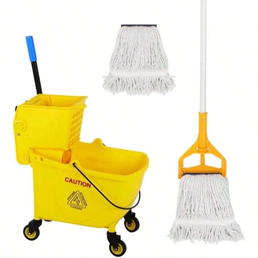 Pedal Mop Bucket, Commercial Mop Bucket With Drain, 35 Quarts, Yellow. Includes One Commercial Mop And An Extra Mop Cloth For Efficient Cleaning Of School, Office, And Hospital Floors (Yellow, 1 Bucket + 1 Mop).Pedal Mop Bucket, - B - 查看 1