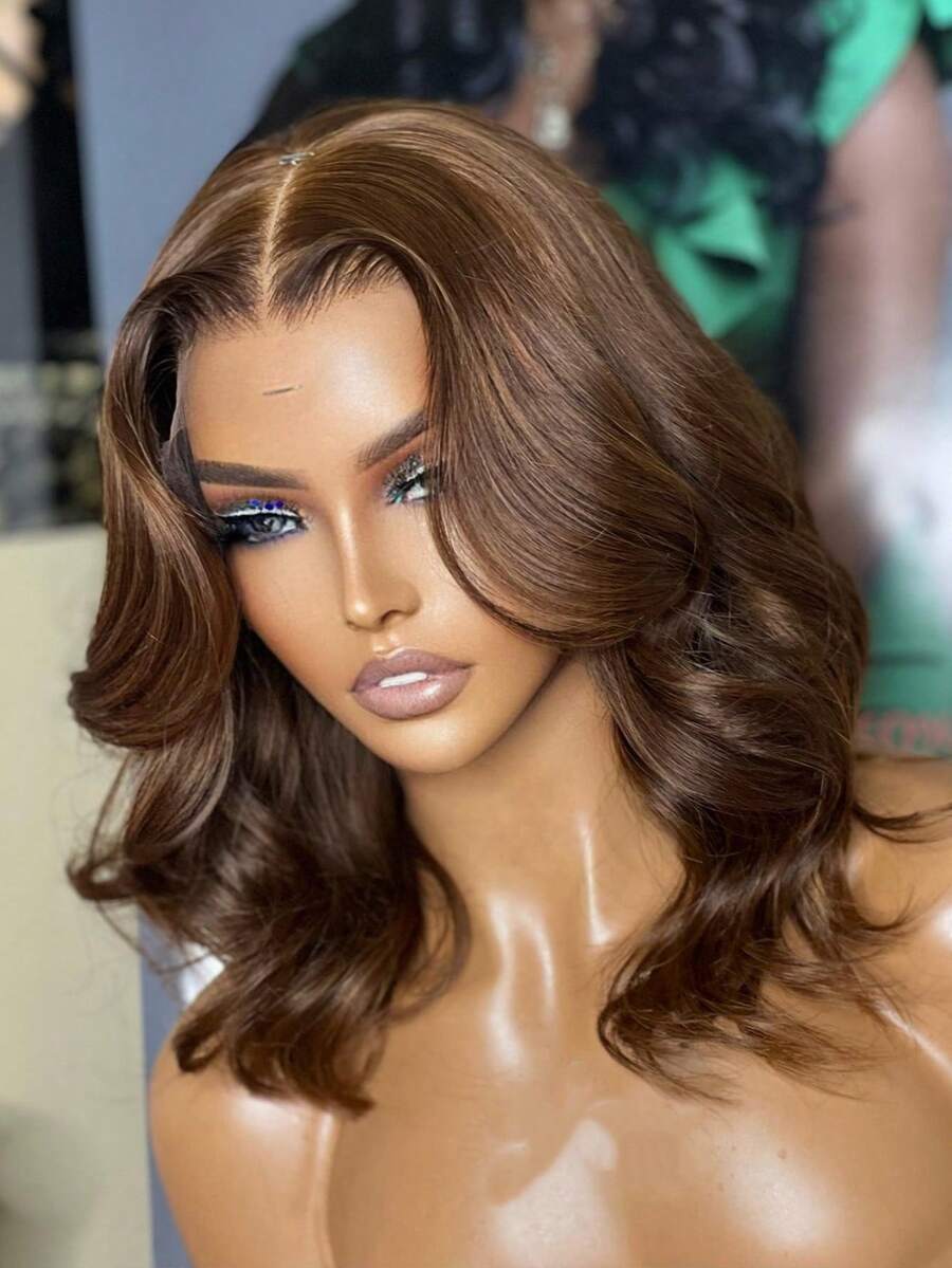 Chocolate Brown Color 200% Body Wave Bob Wig 13x4 Transparent Lace Frontal Human Hair Wigs 14 Inch Brazilian Pre Plucked With Baby Hair #4 Colored Lace Front Human Hair Wigs For Women - S4 - 查看 1