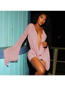 New Women's Mesh Swinging Neck  Long-Sleeved Backless A-Word Short-Sleeved Dress - 藏蓝色 - 查看 2