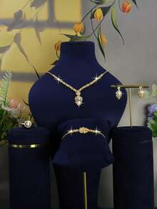 5pcs 14K Gold Plated Women's Jewelry Set, Including Necklace, Earrings, Bracelet, Ring, Bridal Wedding Jewelry Suit, Suitable For Daily, Wedding, Party Wear, Wedding Anniversary Gift, Gift For Friends - Geometric Bridal Set - View 23