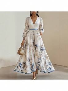 Vestido elegante de estilo intelectual con estampado largo para vacaciones - Azul - Ver 2