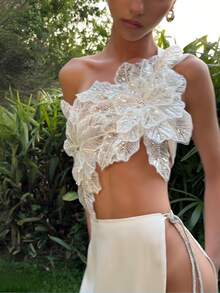 Women's Crystal Sequin Embroidered Floral Tops Y2K 3D Floral Tube Tops One Shoulder Back Silk Tie Crop Tops Party Backless Slim Fit Sleeveless Tank Club Evening Clothes Summer Fashion Outfit, Multiple Ways To Wear - Trắng - Xem 8
