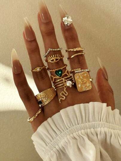 12pcs Set Luxurious Elegant Sparkling Sophisticated Emerald, Heart, Snake, Pearl, Devil's Eye Rings Jewelry Set, Suitable For Women's Holiday, Party, Daily Wear