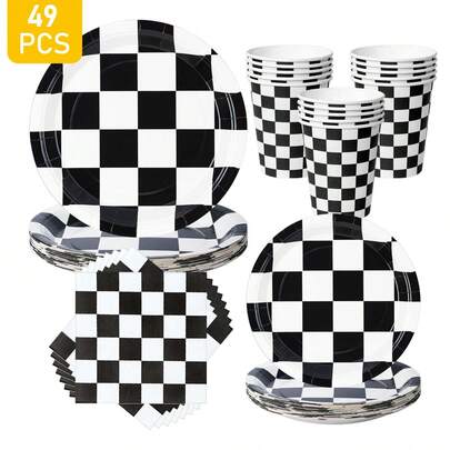 Checkered Disposable Plates, Napkins, Cups - One-Time Party Supplies Set, Suitable For 8 Guests, Disposable Paper Plates Party Tableware For Birthday, Wedding, Theme Party, Family Picnic