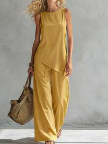 Bộ đồ mùa hè tối giản dành cho nữ, màu trơn, kiểu dáng thường ngày, quần ống rộng xếp ly, áo không tay vạt lệch, gồm 2 món, thích hợp cho thời gian rảnh rỗi và đi làm. - Màu vàng - Xem 1
