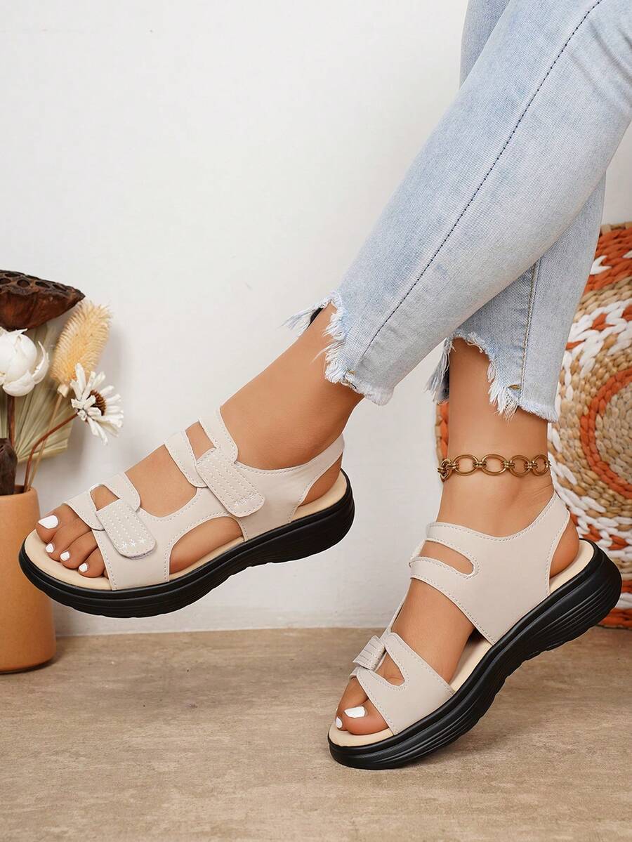 Women's Hook And Loop Beach Sports Sandals, Lightweight Soft Bottom Student Summer Holiday Thick Bottom Black Wedge Star Sandals - Beige - View 1