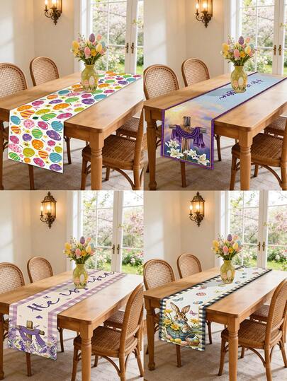 1枚 イースターテーブルランナーとランチョンマットセット、イースターテーマの混合プリントテーブルランナー、多機能ホリデースタイル半透明ポリエステルタッセルエッジダイニングマット(ブラウンウサギ/水仙/クロス/ラベンダー/卵柄)、実用的なイースターギフト、イースターの祝祭、春のパーティー、誕生日パーティー、ホームダイニングの装飾に適しています。