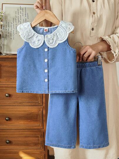 Baby Girls' Fashion Casual Cute Set, Lace Peter Pan Collar Sleeveless Shirt + Simple Casual Denim Wide Leg Pants