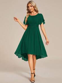 Women's Elegant Ruffle Sleeve Pleated Chiffon Bridesmaid Formal Evening Dress, Wedding Guest Gown Spring - Dark Green - View 5