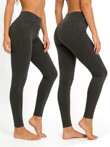 JSEMOY Pull On Skinny Jeans For Women, Stretchy High Waisted Leggin Tummy Control Demin Jegging With Pockets - 黑色 - 查看 4