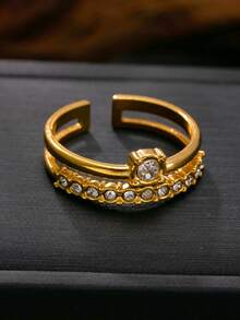 1枚18K镀金不锈钢双层水晶可调节戒指，适合女士日常佩戴 - 金黃色 - 查看 4