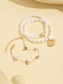 3pcs/Set Summer Beach Vacation Faux Pearl Starfish Beaded Bracelet, Fashionable Gold Alloy Shell Pendant, Beach Pebble Handmade Chain Bracelet For Women, Suitable For Daily Wear, Beach Travel, Dating, Photography - Gold - View 3