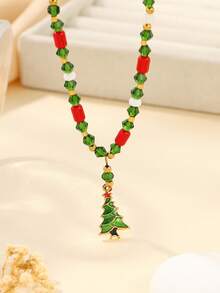 1pc Stainless Steel Fashionable Delicate Tree Pendant Necklace, Inlaid With Red And Green Beads, Suitable For Women's Daily Wear Or Gift - Yellow Gold - View 2