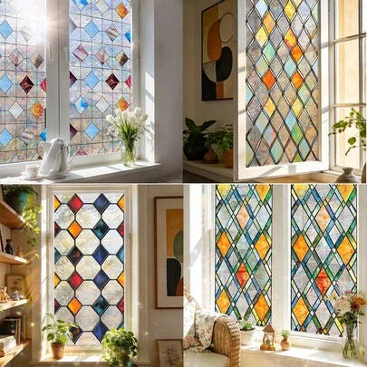 1/4 ชิ้น ฟิล์มติดหน้าต่างกระจกสีสันสดใส. แบบสุญญากาศ ถอดออกได้ วัสดุ PVC กันน้ำ. ดีไซน์ลายเรขาคณิตรูปสี่เหลี่ยมขนมเปียกปูน. เหมาะสำหรับตกแต่งห้องนอนและบ้านแบบ DIY.