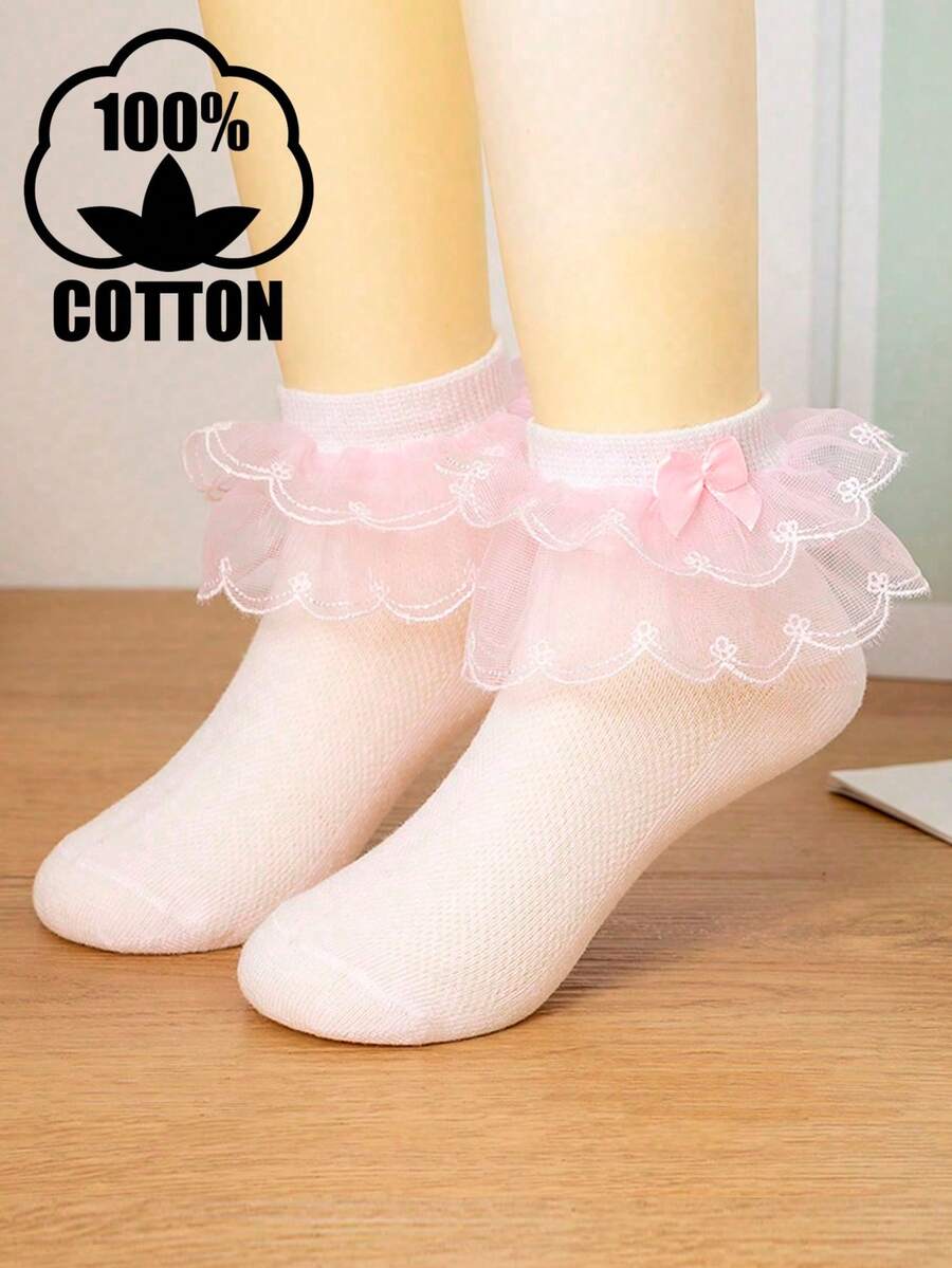 1 Pasang Kaos Kaki Jala Katun Polos untuk Anak Perempuan dengan Tali Ganda, Cocok untuk Menari dan Pesta - Berwarna merah muda - View 1