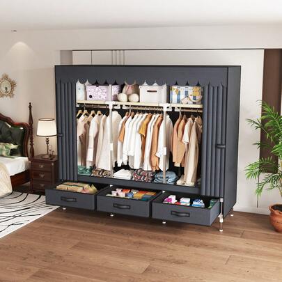 Portable Closet, Wardrobe Closet Organizer With Cover, 3 Hanging Rods And Shelves,3 Drawers ,59 X 17.7 X 64 Inches, Large Capacity For Bedroom, Living Room.