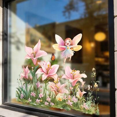 1/2片百合花和仙女窗贴，可重复使用的PVC静电吸附，适用于花店橱窗、公主房、餐厅、家居玻璃装饰和春季派对礼物。