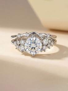 2 piezas Juego de anillos de circonita cúbica elegante, joyería de alta gama para bodas, fiestas y banquetes de mujeres, hecho de material de cobre que resiste el desvanecimiento y las alergias, regalo ideal para días festivos - Plateado - Ver 3
