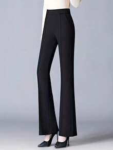 High-Waisted Relaxed Flare Leg Pants, Slimming Effect Black - Black - View 5