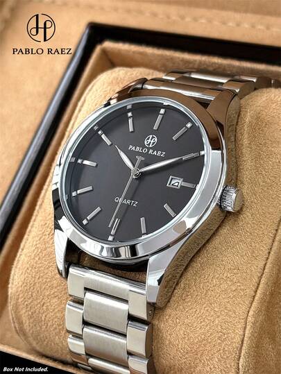  1 pieza Reloj clásico negro original de hombre Pablo Raez, encantador y fresco, de acero inoxidable de lujo, resistente al agua 50M, luminoso AAA, simple, calendario, reloj de pulsera para hombres, pulsera de acero pesada, cadena de color plateado, nueva moda casual de marca famosa