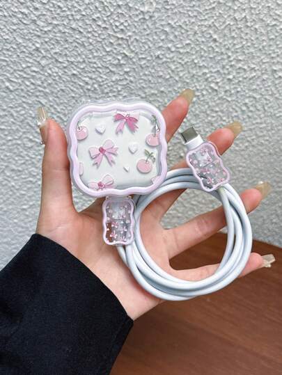 مجموعة 3 قطع (1 قطعة واقي شكل موجي لشاحن أبل 20 واط بطبعة فراشة وكرز + 2 قطعة مشابك واقية من الكسر لكابل البيانات شكل موجي)، مناسبة لشاحن أبل سريع 20 واط، المعيار البريطاني، لمنع تلف الكابل