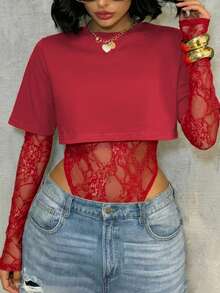 Women's Sexy Lace Patchwork T-Shirt, 2 In 1 Top, Solid Color Bodysuit, Suitable For Daily Wear, Dating, Singles Party, Stage Performance And Concerts, Spring/Summer Elegant - Red - View 7