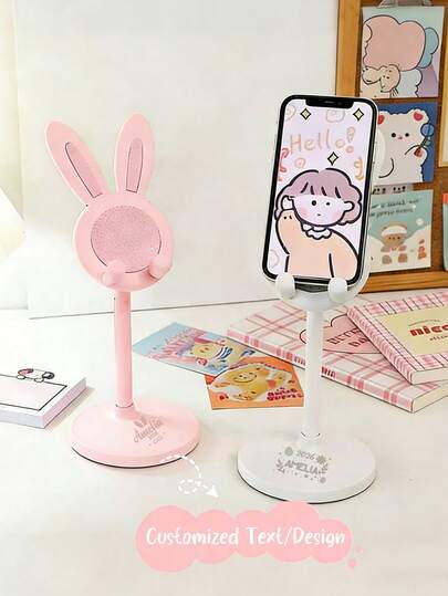 Soporte para auriculares con orejas de conejo personalizable - Base de almacenamiento ajustable y extensible, Soporte de teléfono ajustable y lindo con diseño de orejas de conejo y base antideslizante, Caja de almacenamiento de escritorio rosa y blanca, Soporte de teléfono extensible con forma de orejas de conejo para ver videos, Soporte de teléfono elegante y ajustable, Marco fijo con forma de orejas de conejo y mango antideslizante