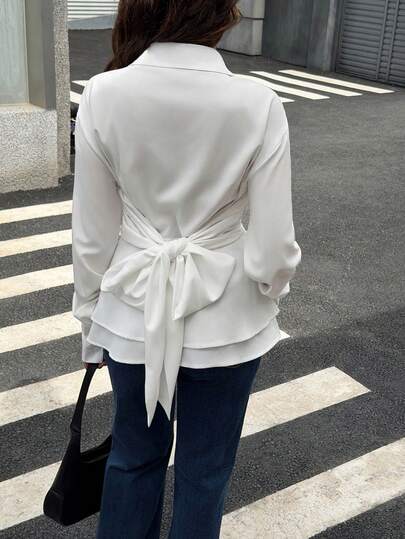 Solid Color Front Button Pocket Ruffle Tie Shirt Cardigan Top