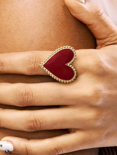 1pc Casual Exaggerated Red Heart Shaped Ring For Women, Suitable For Holiday Gifts And Daily Wear
