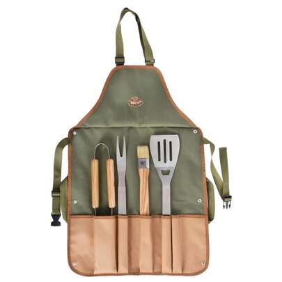 Khaki BBQ Apron With 4 Barbeque Grill Cooking Utensils Tongs Fork Spatula Brush