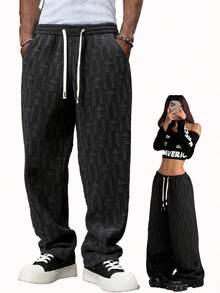 1 件男士宽松阔腿纯色休闲裤，适合所有季节的日常穿着 - 黑色 - 查看 3