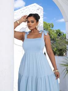 Vestido Longo Plus Size Rodado Franzido com Babados Três Marias REF: 29 - Azul - Visão 3