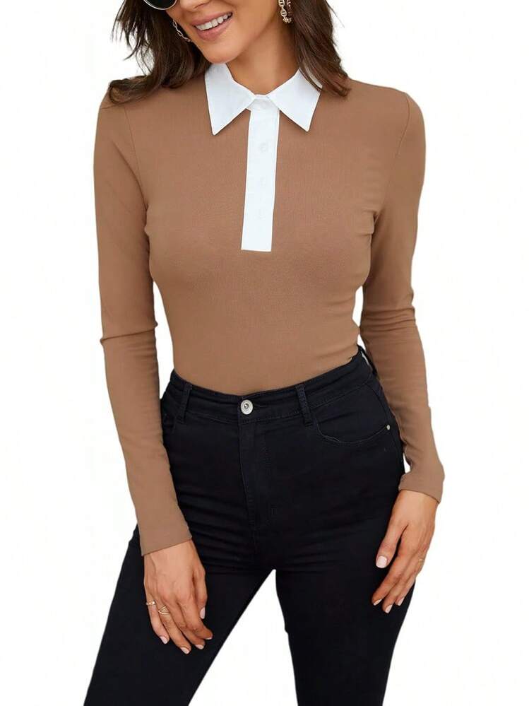 Womens Polo Shirts Fall Clothes For Women Lapel Collared V Neck Long Sleeve Tee Shirt - 50061 Coffee - View 11