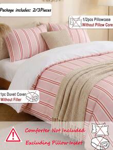 2pcs/3pcs Pink Striped Numeric Print Duvet Cover Set (1 Duvet Cover + 2 Pillow Shams, Inserts Not Included), Made Of Polyester Fiber, Suitable For Daily Use, Soft And Skin-Friendly, Applicable To Bedroom, Master Bedroom, Guest Room And Secondary Bedroom - Multicolor - View 2