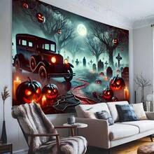 Halloween Glow Pumpkin & Vintage Car Backdrop Durable Polyester Photo Booth Scene Gothic Party Reusable Indoor Outdoor Decor Banners Ornaments - 彩色 - 查看 3