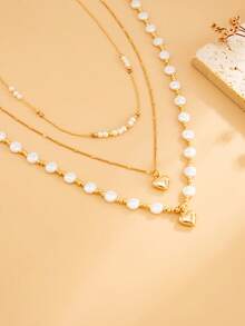 3件套优雅几何链条仿珍珠心形吊坠项链套装，奢华珠宝，适合婚礼、派对、度假、日常休闲、街头风格，女士及情侣礼物 - 項鍊 - 查看 5