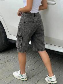 Women's Casual Pockets Distressed Casual Loose Cargo Denim Bermuda Shorts Jeans - Grey - View 1
