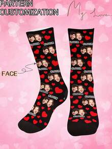 1 Pair Unisex Customized Face & Red Heart Print Comfortable Socks, Romantic Style Mid-Calf Socks, Valentine's Day Gift - Multicolor - View 1