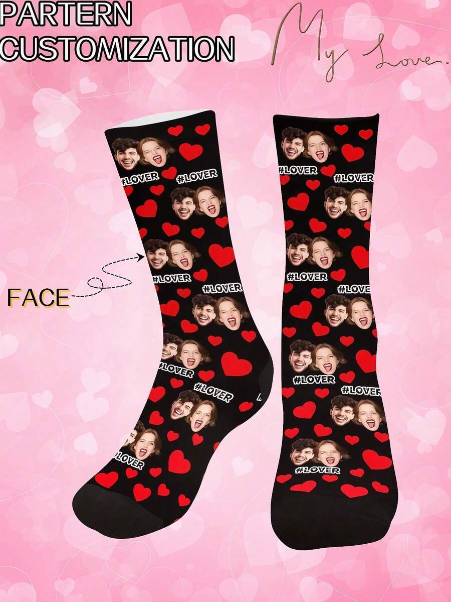 1 Pair Unisex Customized Face & Red Heart Print Comfortable Socks, Romantic Style Mid-Calf Socks, Valentine's Day Gift - Multicolor - View 1