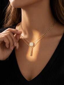 1pc Elegant Double-Layer Round Necklace, 925 Sterling Silver Delicate Choker Necklace, Exquisite Jewelry Gift Suitable For Girls Daily And Date Outfit - Double Medal Tassel Necklace - View 2