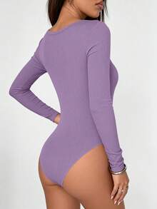 Women Spring Bodysuits For Long Sleeve Shirts Fitted Basic Ribbed Layering Bodys Tops Fall Fashion Winter Clothes Purple Vacation Rompers Outfits For Women - Purple - View 2