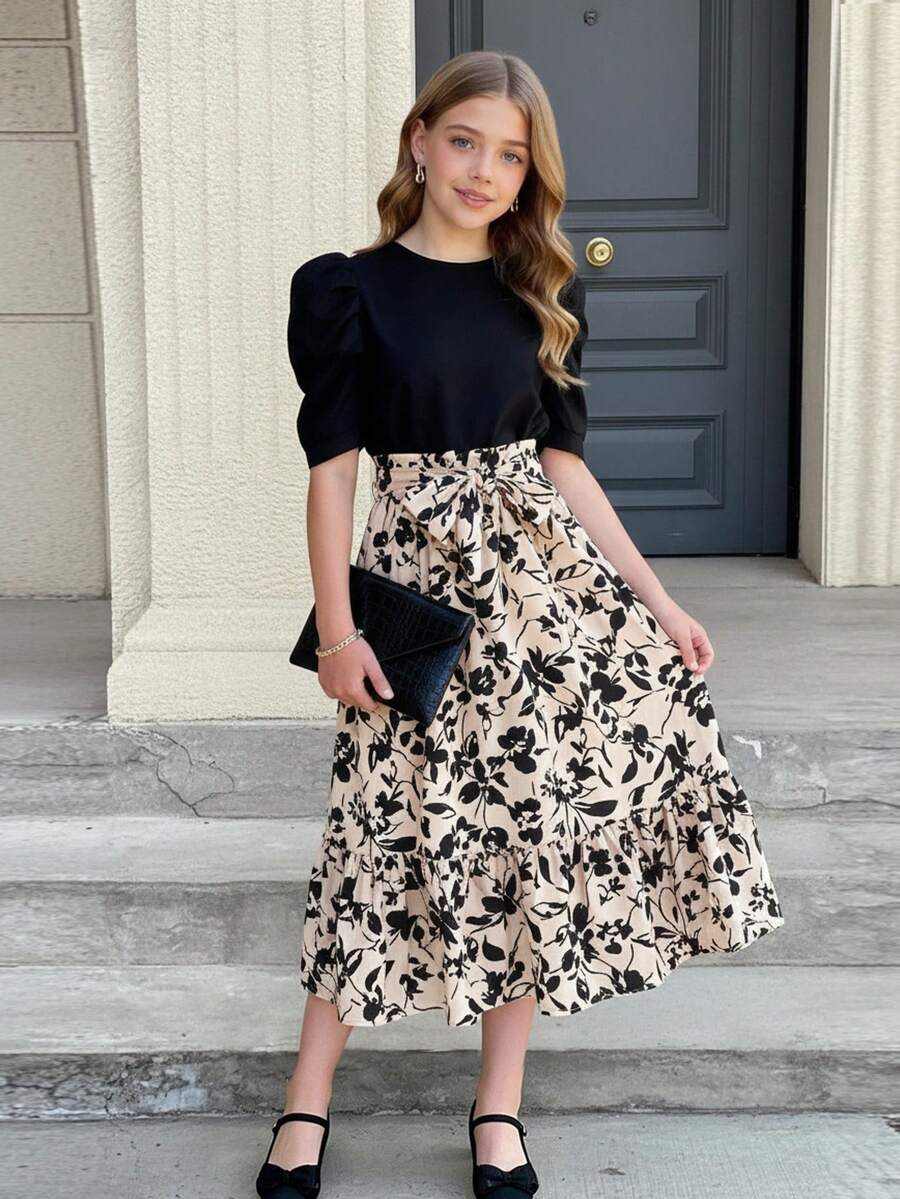 Girls' Long Sleeve Ditsy Floral Dress With Belt, Casual - Black - View 1