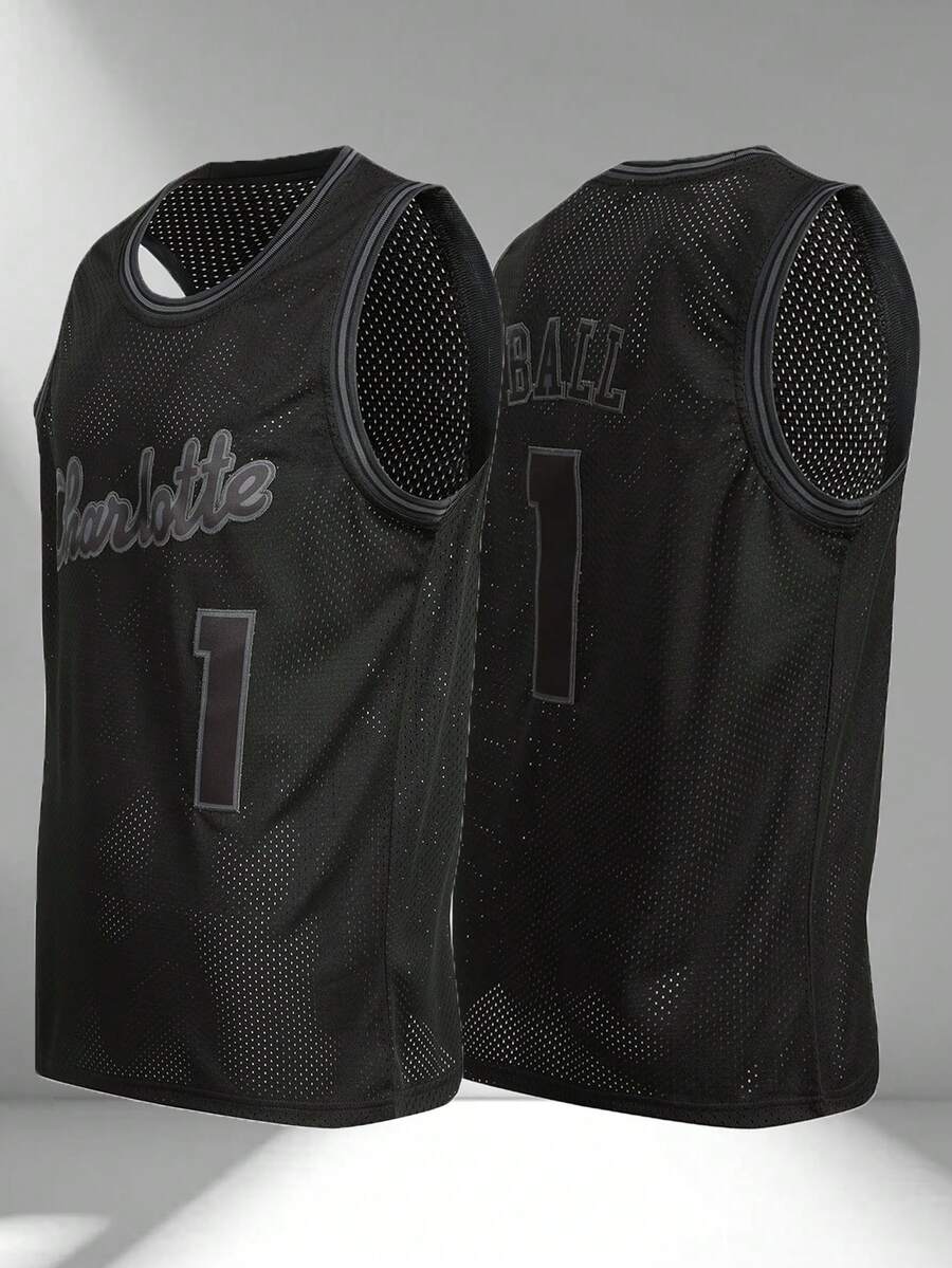 Men's Basketball Embroidery Sleeveless V-Neck T-Shirt, Black Casual Party Sports Top - Black - View 1