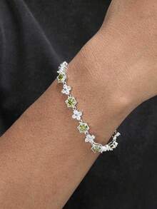 1pc Fashionable White Gold Four-Leaf Clover Colorful Men's Copper Zirconia Silver Bracelet Jewelry, Hip-Hop Punk Men's Patchwork Bracelet, Suitable For Men's Daily Wear - Bracelet - View 1